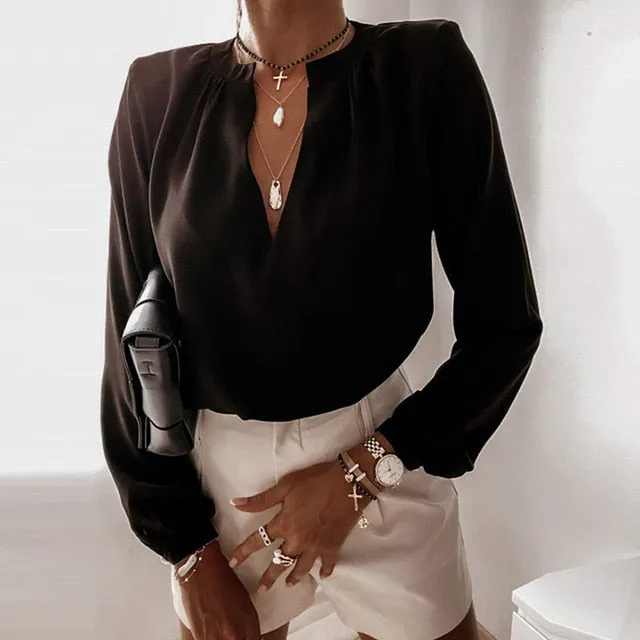 2021 Women's Long Sleeve V-Neck Ruffle Blouse Size S