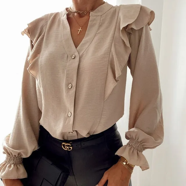 2021 Women's Long Sleeve V-Neck Ruffle Blouse Size S