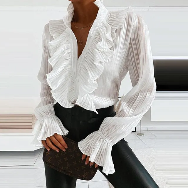 2021 Women's Long Sleeve V-Neck Ruffle Blouse Size S