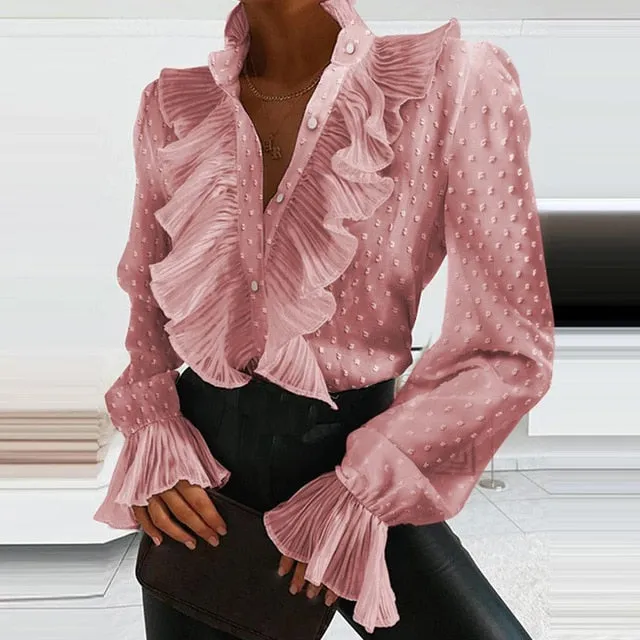 2021 Women's Long Sleeve V-Neck Ruffle Blouse Size S