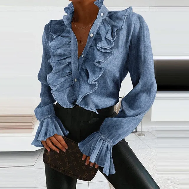 2021 Women's Long Sleeve V-Neck Ruffle Blouse Size S