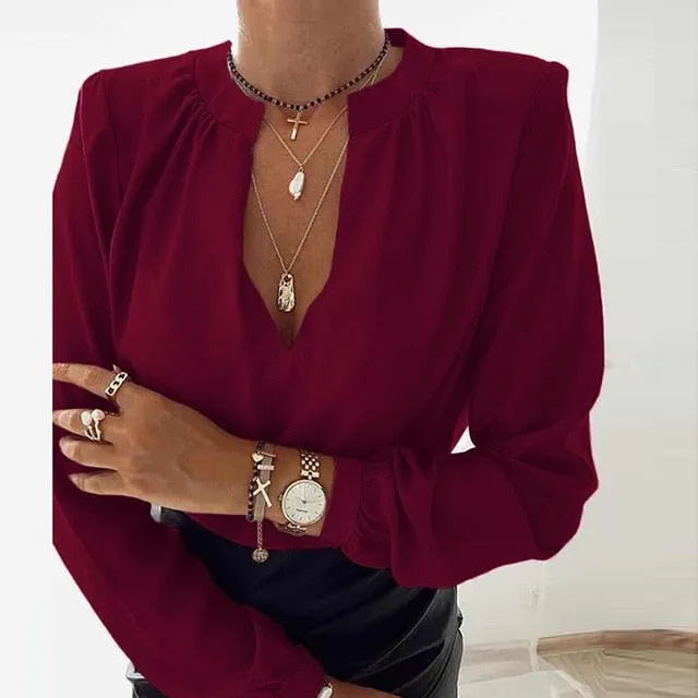 2021 Women's Long Sleeve V-Neck Ruffle Blouse Size S