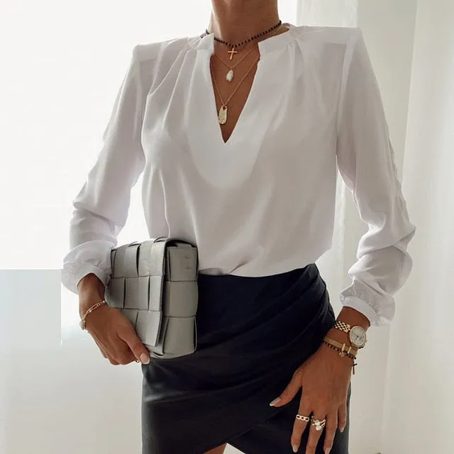 2021 Women's Long Sleeve V-Neck Ruffle Blouse Size S