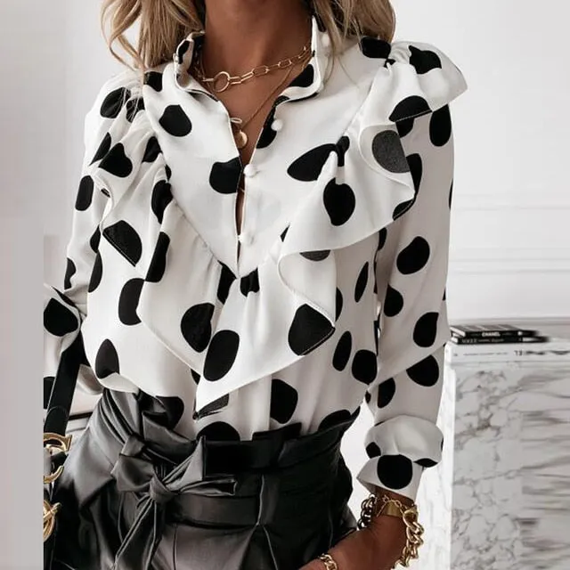 2021 Women's Long Sleeve V-Neck Ruffle Blouse Size S