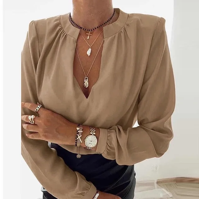 2021 Women's Long Sleeve V-Neck Ruffle Blouse Size S