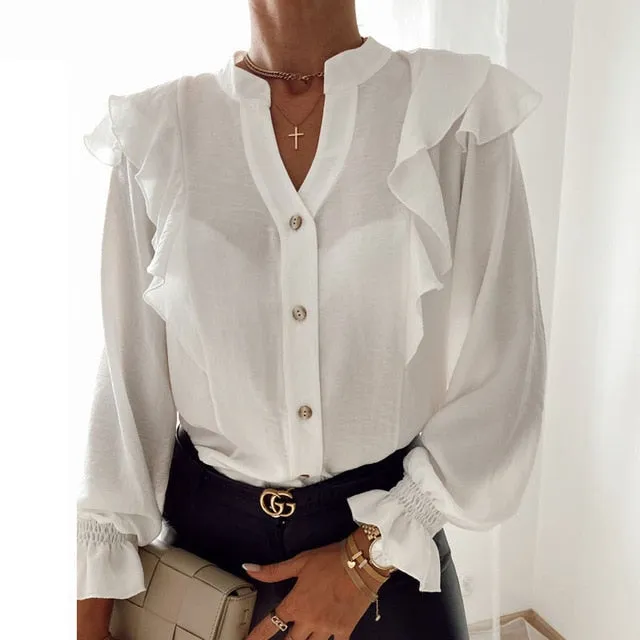 2021 Women's Long Sleeve V-Neck Ruffle Blouse Size S