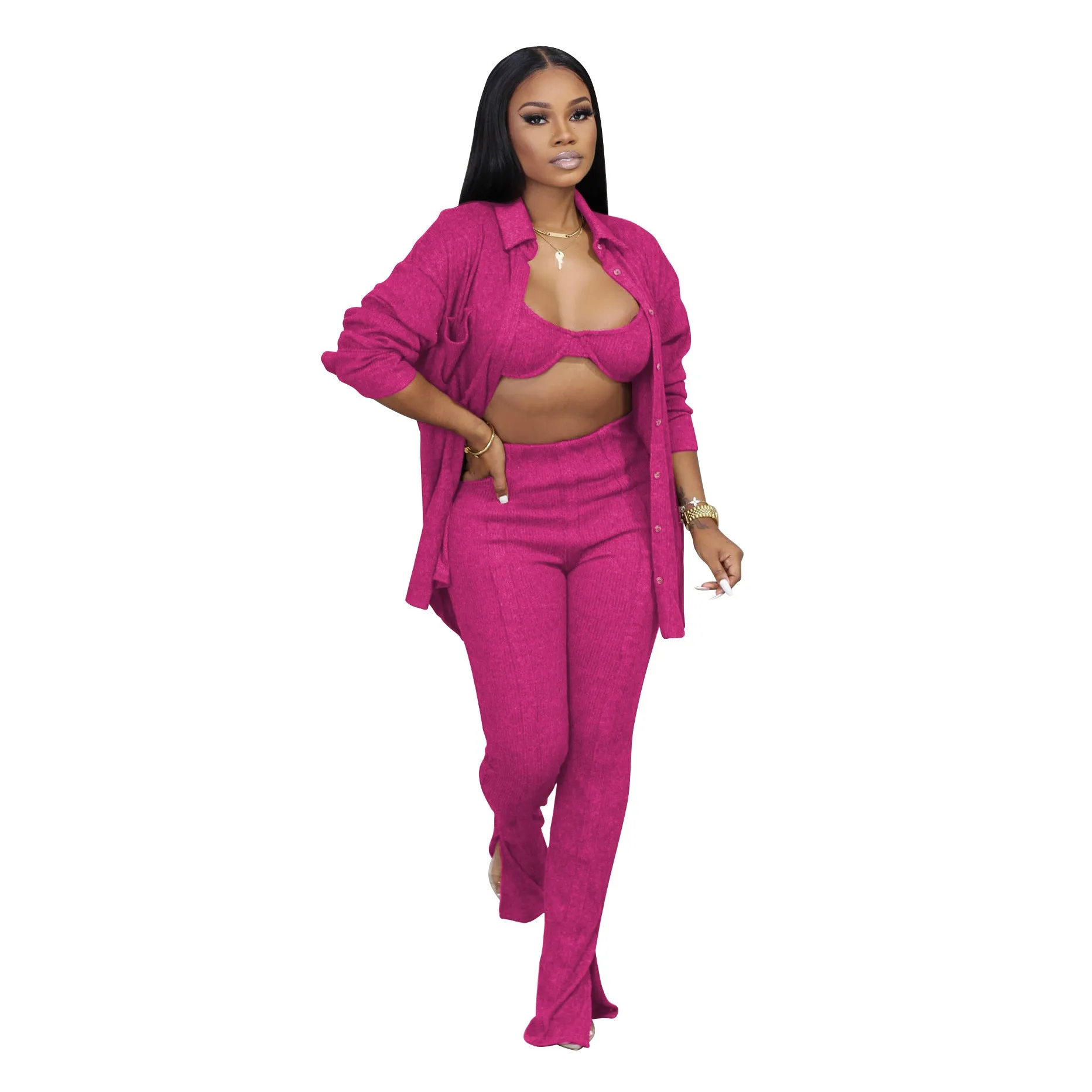 3 Piece Sets Long Sleeve Knit Cardigan Tops and Long Pants Women Sexy 3 Piece Set