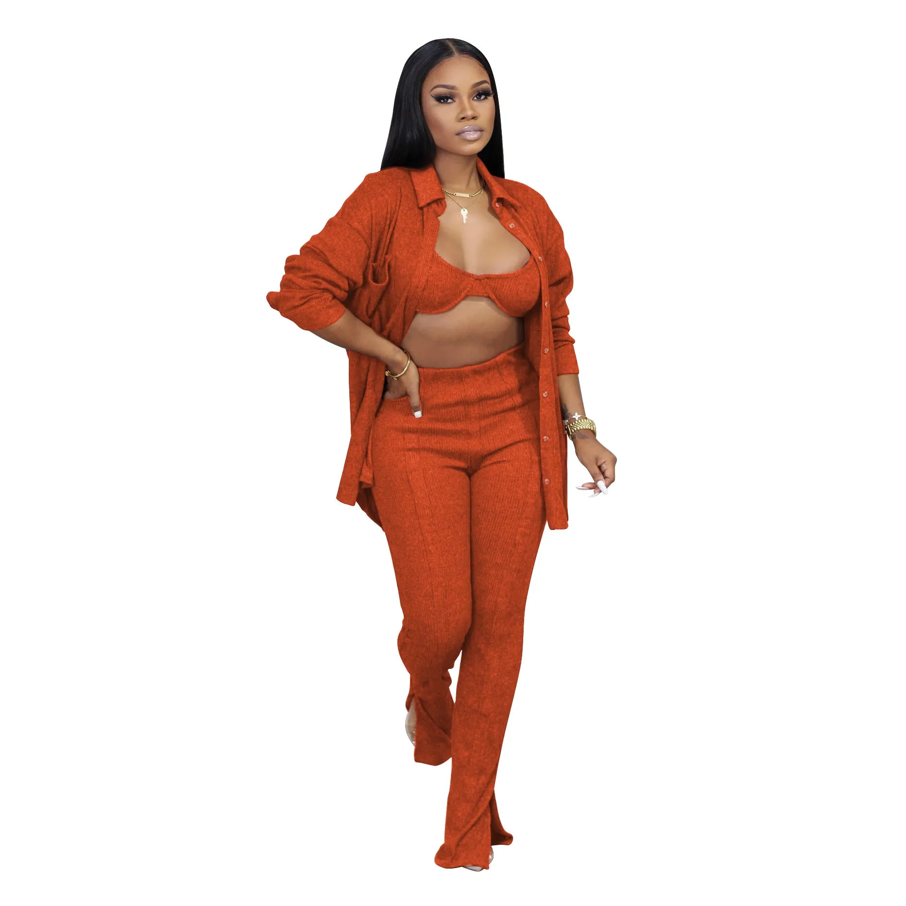 3 Piece Sets Long Sleeve Knit Cardigan Tops and Long Pants Women Sexy 3 Piece Set