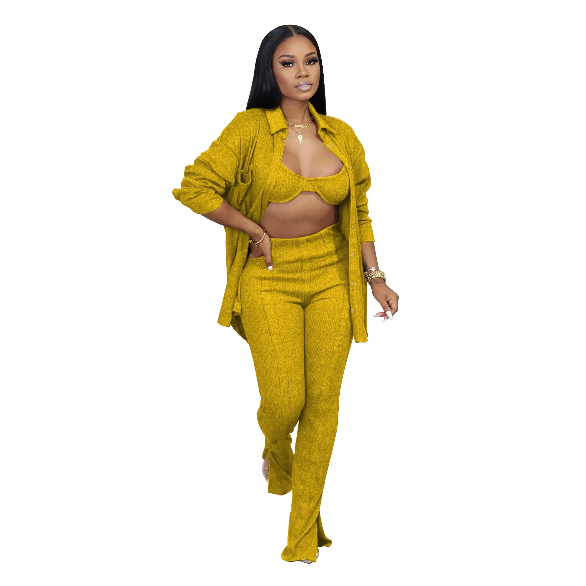 3 Piece Sets Long Sleeve Knit Cardigan Tops and Long Pants Women Sexy 3 Piece Set