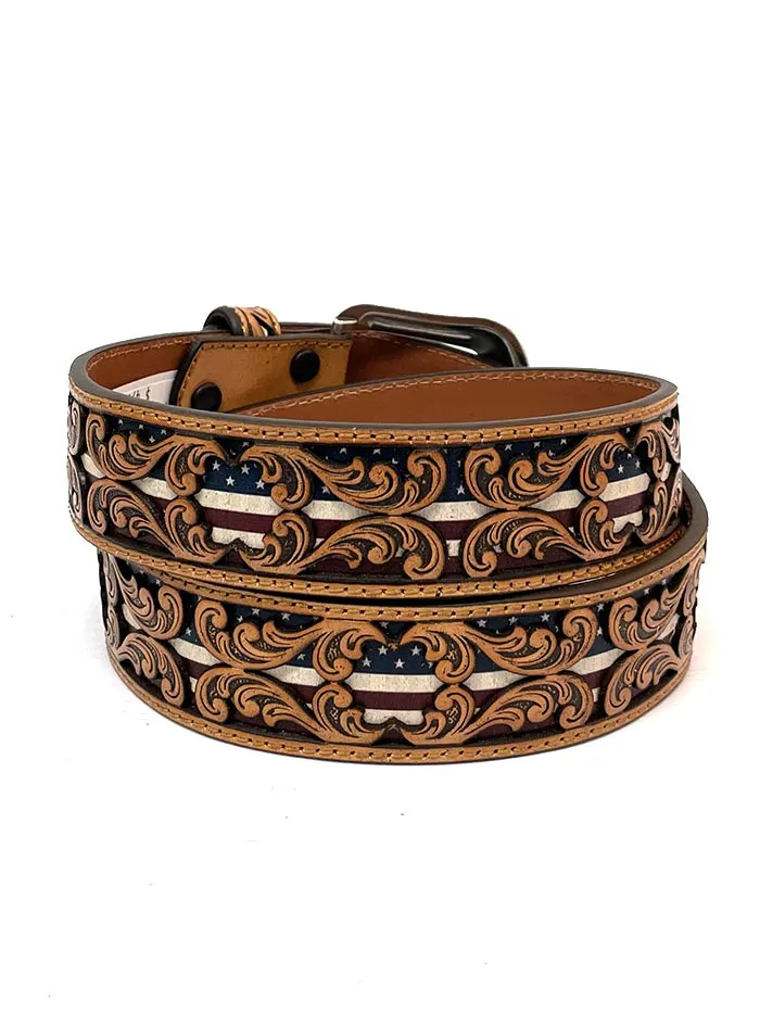 3D D100012408 Mens Tooled Overlay USA Flag Underlay Leather Belt Tan