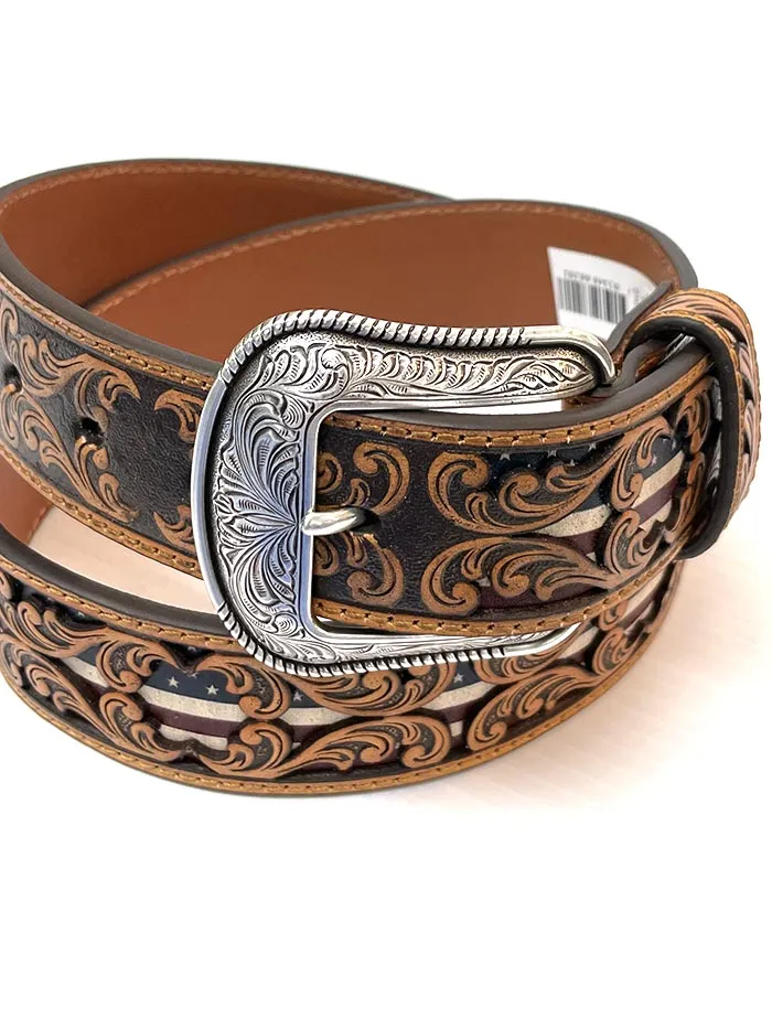 3D D100012408 Mens Tooled Overlay USA Flag Underlay Leather Belt Tan