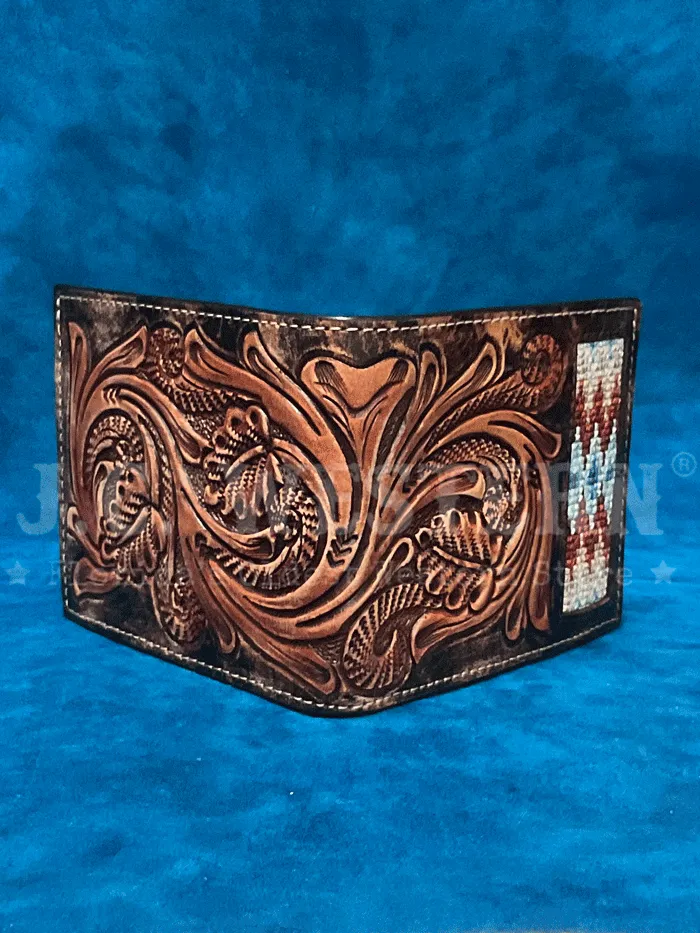 3D D250010102 Mens Hand Tooled Scroll Embroidered Inlay Bifold Wallet Brown