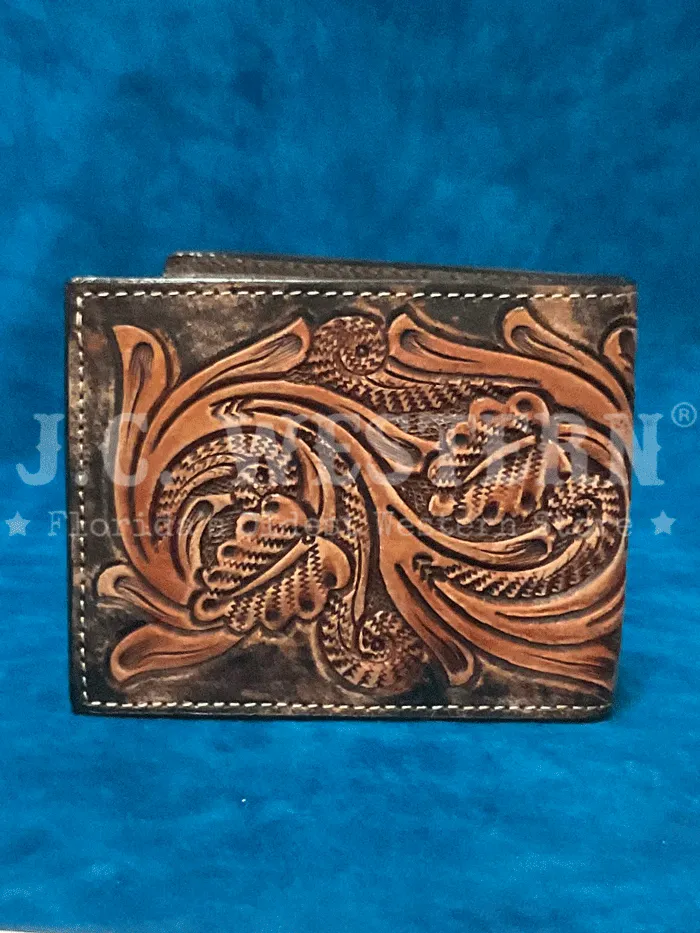 3D D250010102 Mens Hand Tooled Scroll Embroidered Inlay Bifold Wallet Brown