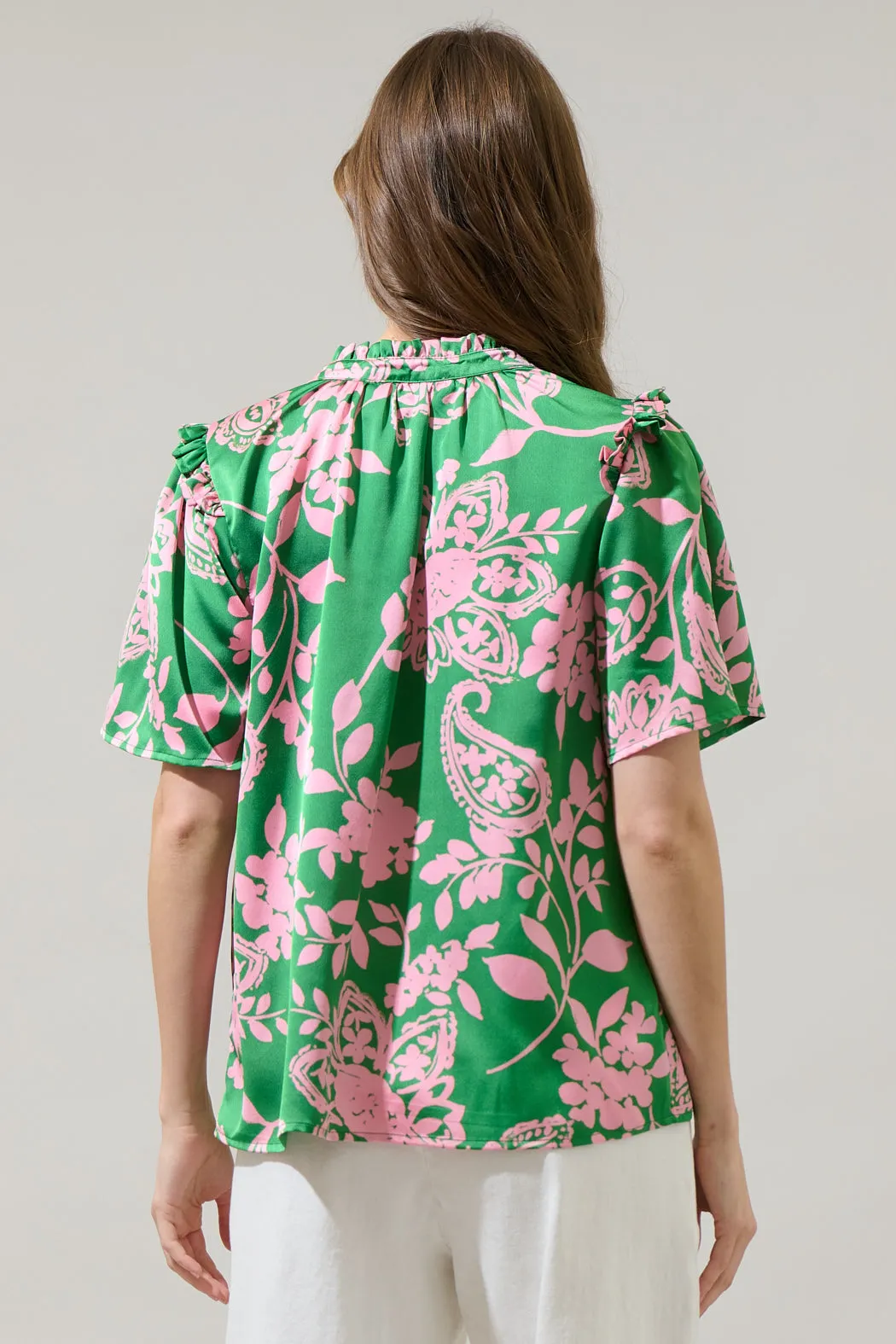 Anela Floral Mei Split Neck Satin Top