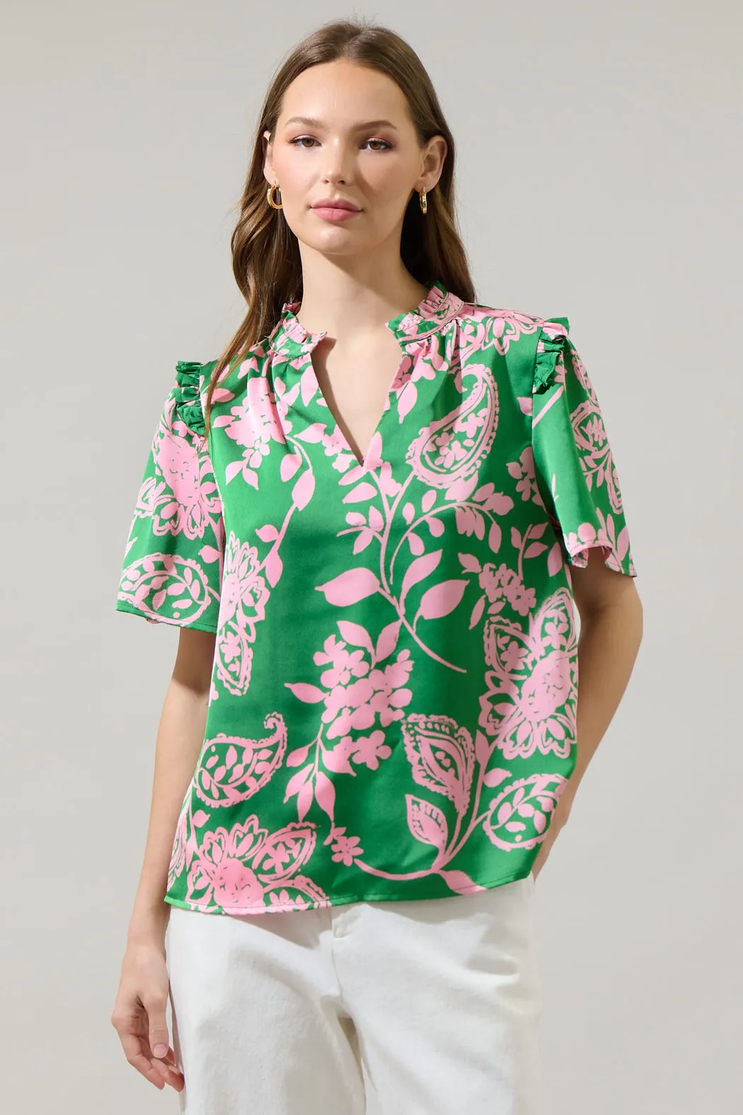 Anela Floral Mei Split Neck Satin Top