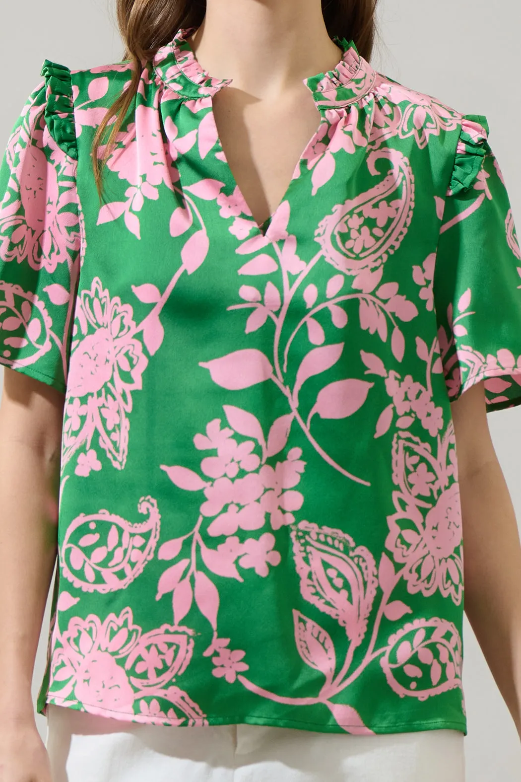 Anela Floral Mei Split Neck Satin Top
