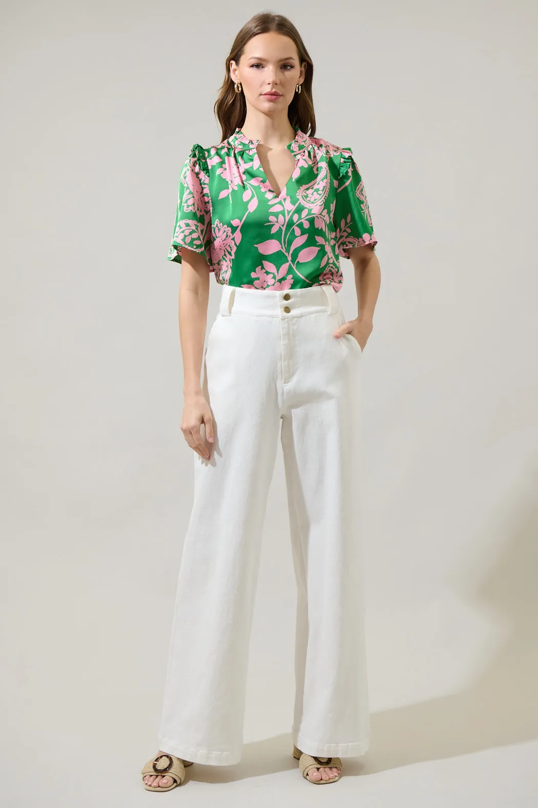 Anela Floral Mei Split Neck Satin Top