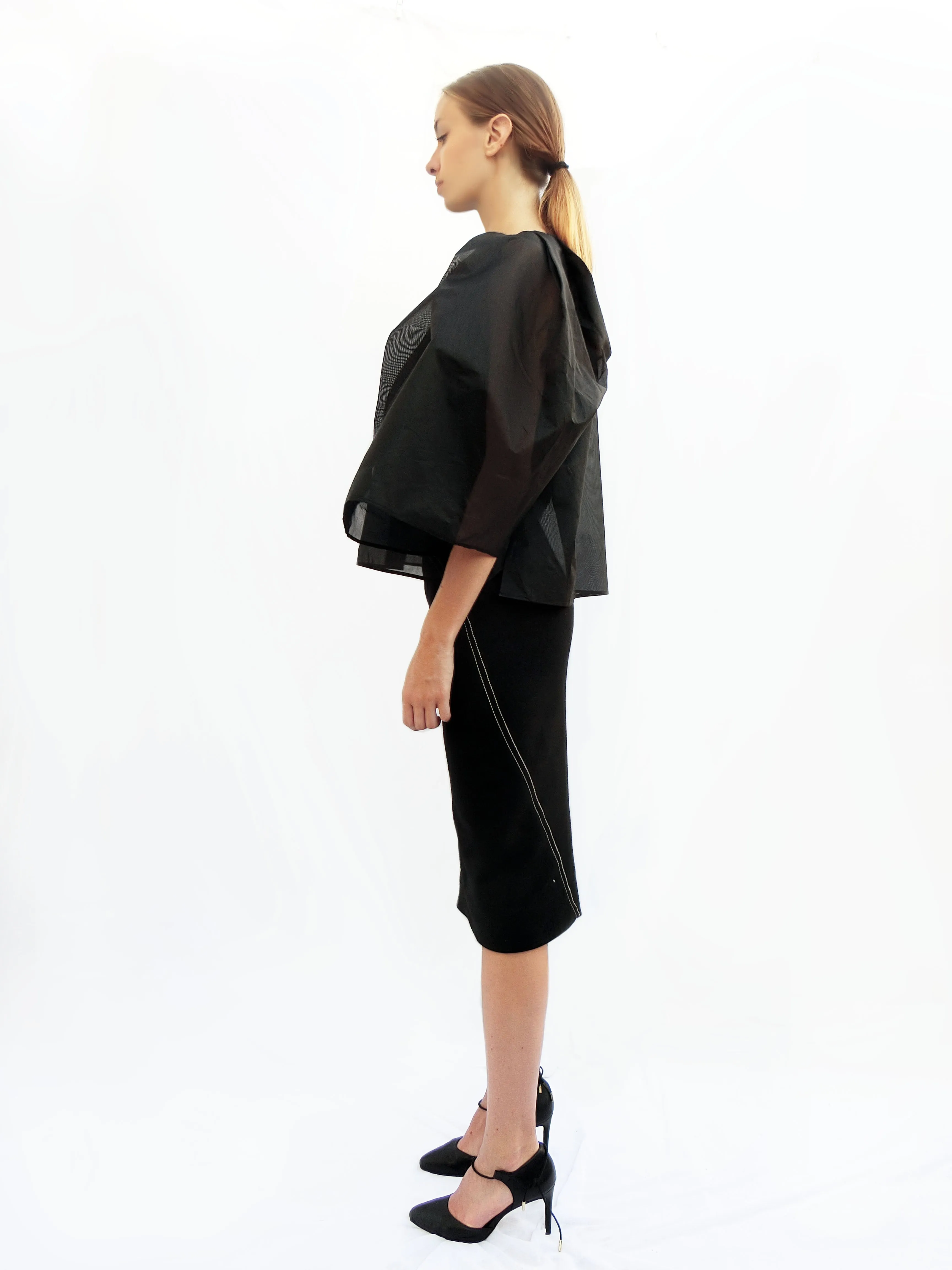 Angular Pleated Transparent Top/ Black/ 100% Silk