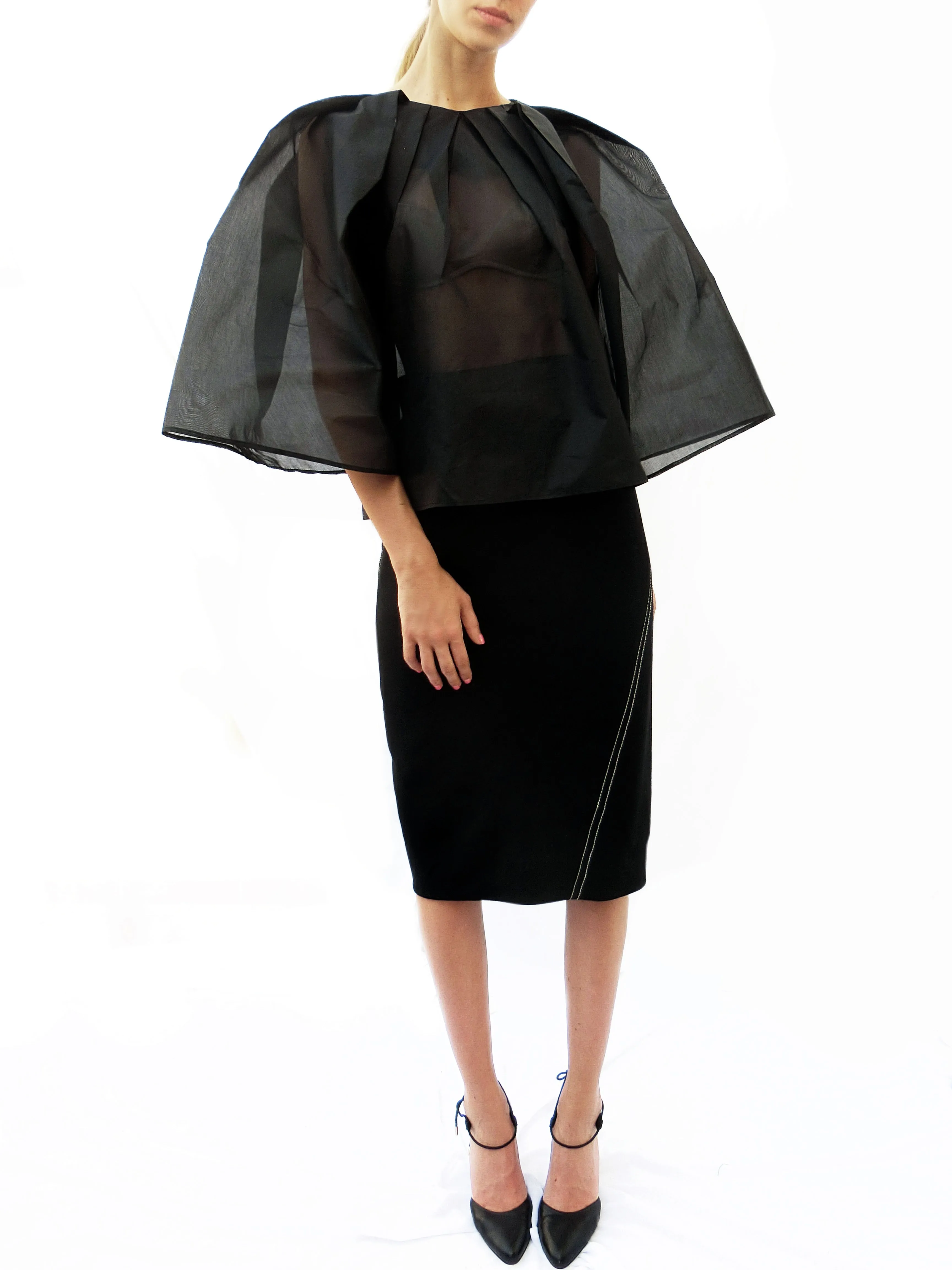 Angular Pleated Transparent Top/ Black/ 100% Silk