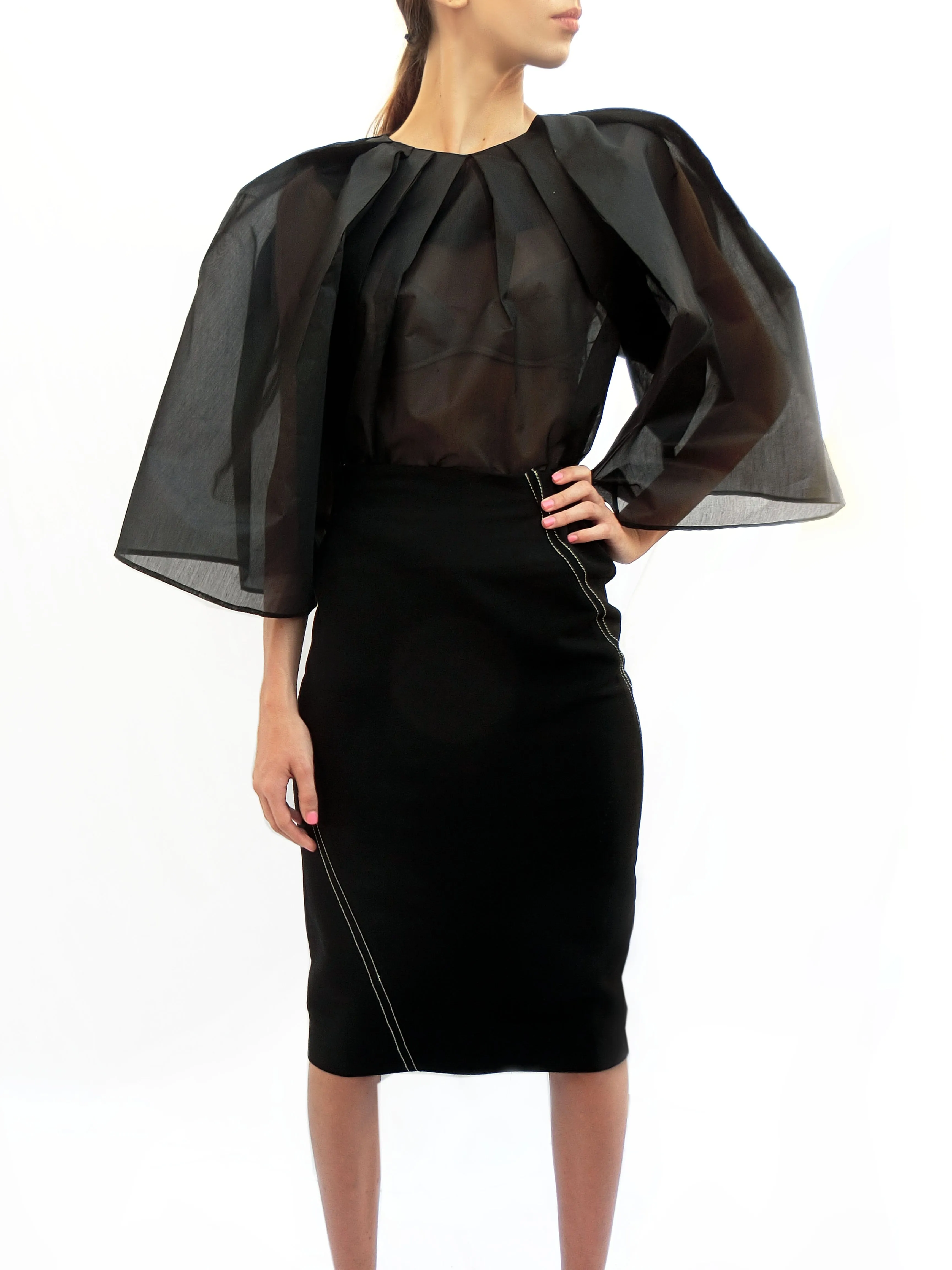 Angular Pleated Transparent Top/ Black/ 100% Silk