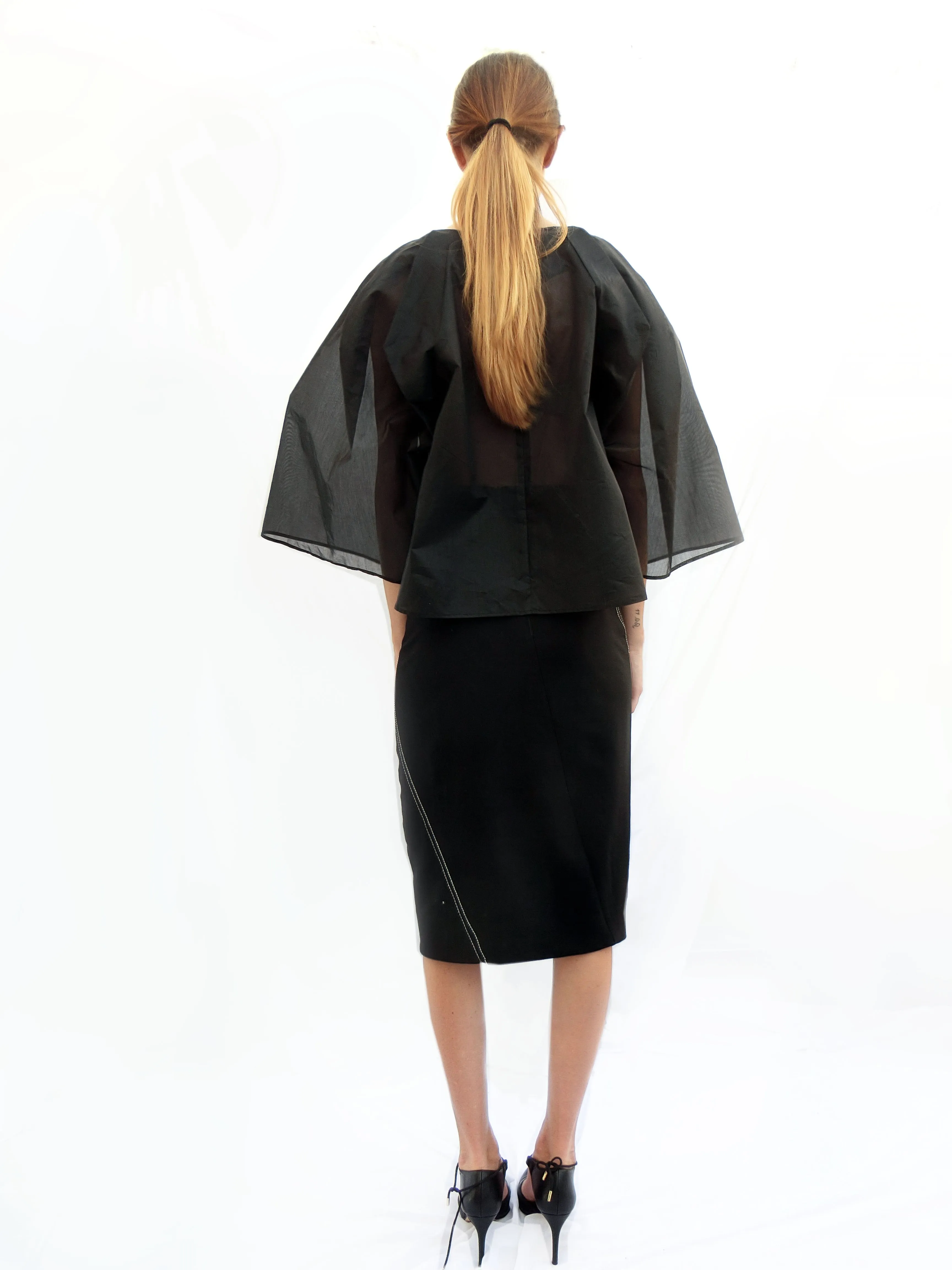 Angular Pleated Transparent Top/ Black/ 100% Silk