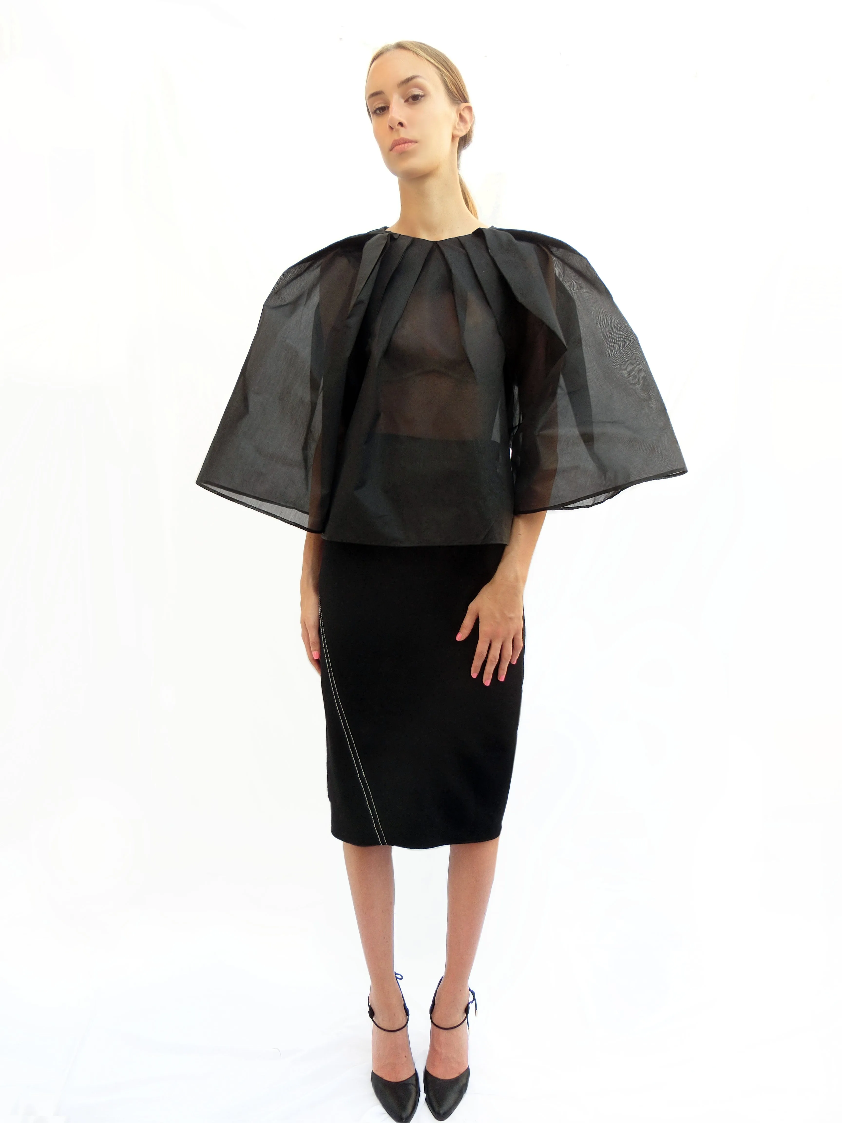 Angular Pleated Transparent Top/ Black/ 100% Silk
