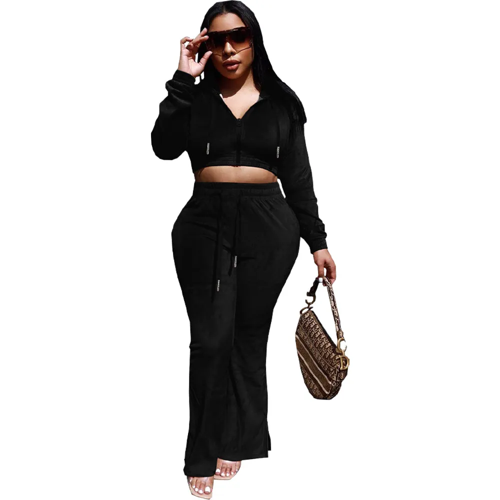 Autumn Winter Women Velvet Clothing Plus Size Casual Fashion Zip Up Crop Hoodies Top 2 Piece Sets Women's Jogger Pants Set