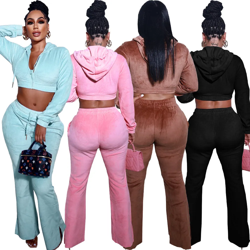 Autumn Winter Women Velvet Clothing Plus Size Casual Fashion Zip Up Crop Hoodies Top 2 Piece Sets Women's Jogger Pants Set