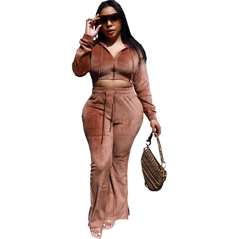Autumn Winter Women Velvet Clothing Plus Size Casual Fashion Zip Up Crop Hoodies Top 2 Piece Sets Women's Jogger Pants Set