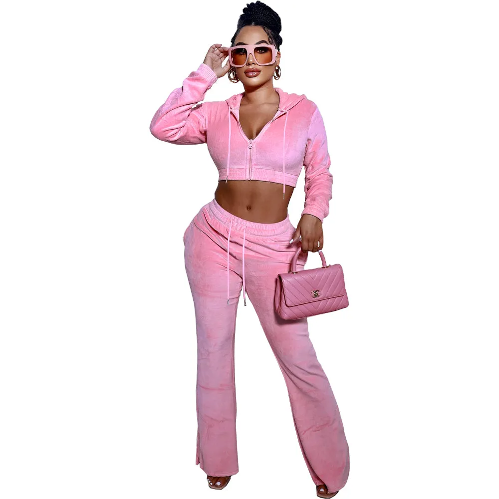 Autumn Winter Women Velvet Clothing Plus Size Casual Fashion Zip Up Crop Hoodies Top 2 Piece Sets Women's Jogger Pants Set