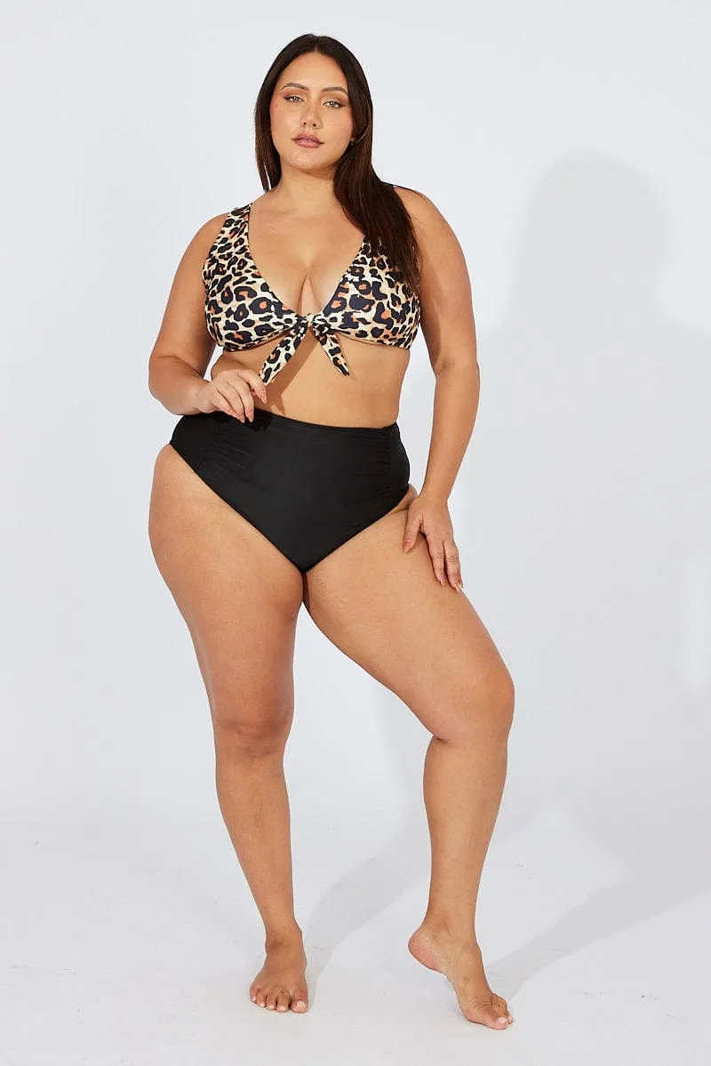Black Animal Print Knot Front Bikini Set