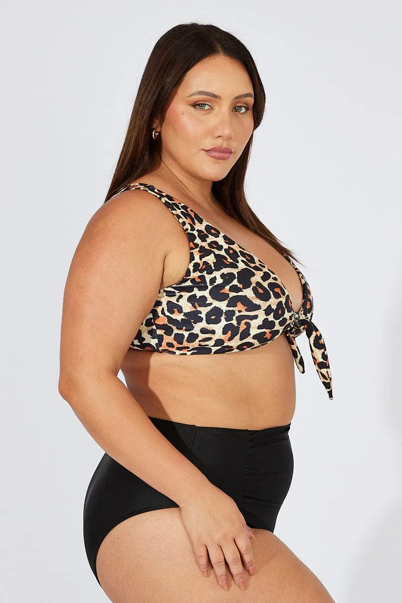 Black Animal Print Knot Front Bikini Set