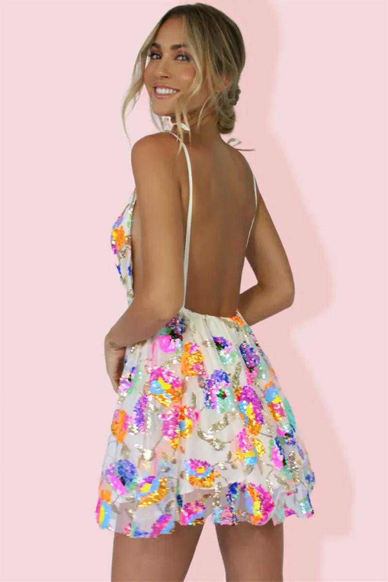Blissful Goddess Sequin Backless Mini Dress
