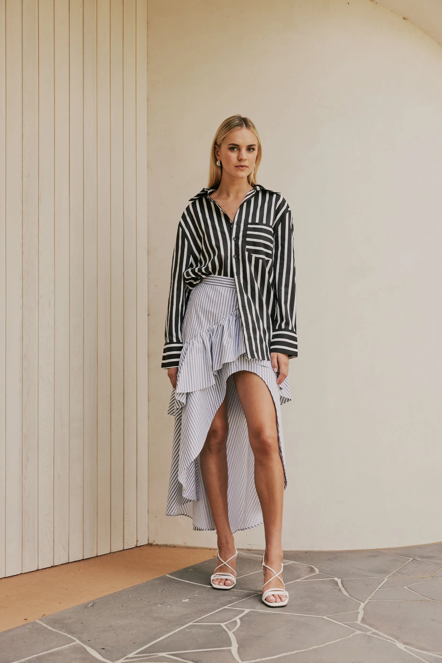 CURAAE Capri Midi Frill Asymmetrical High Waisted Skirt In Lilac & White Stripe