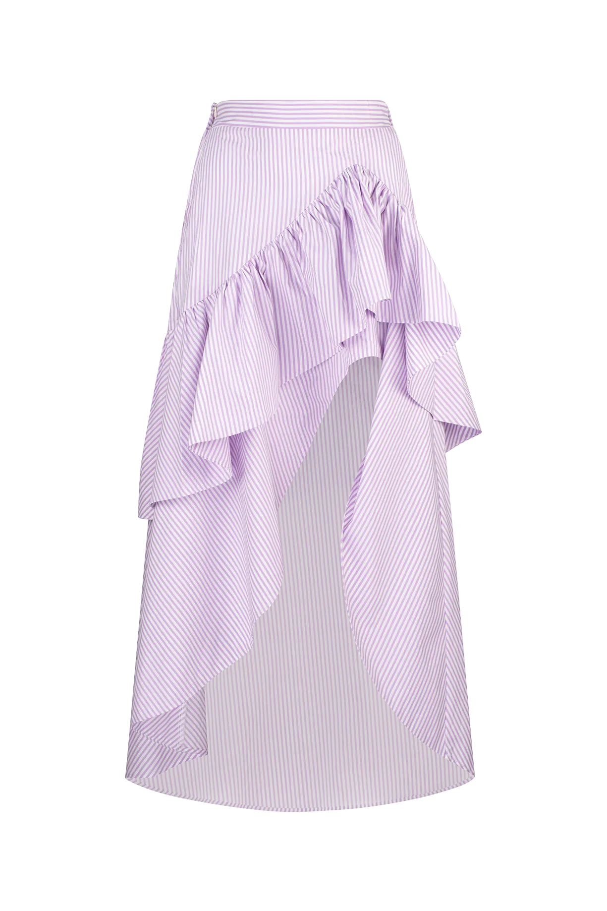 CURAAE Capri Midi Frill Asymmetrical High Waisted Skirt In Lilac & White Stripe