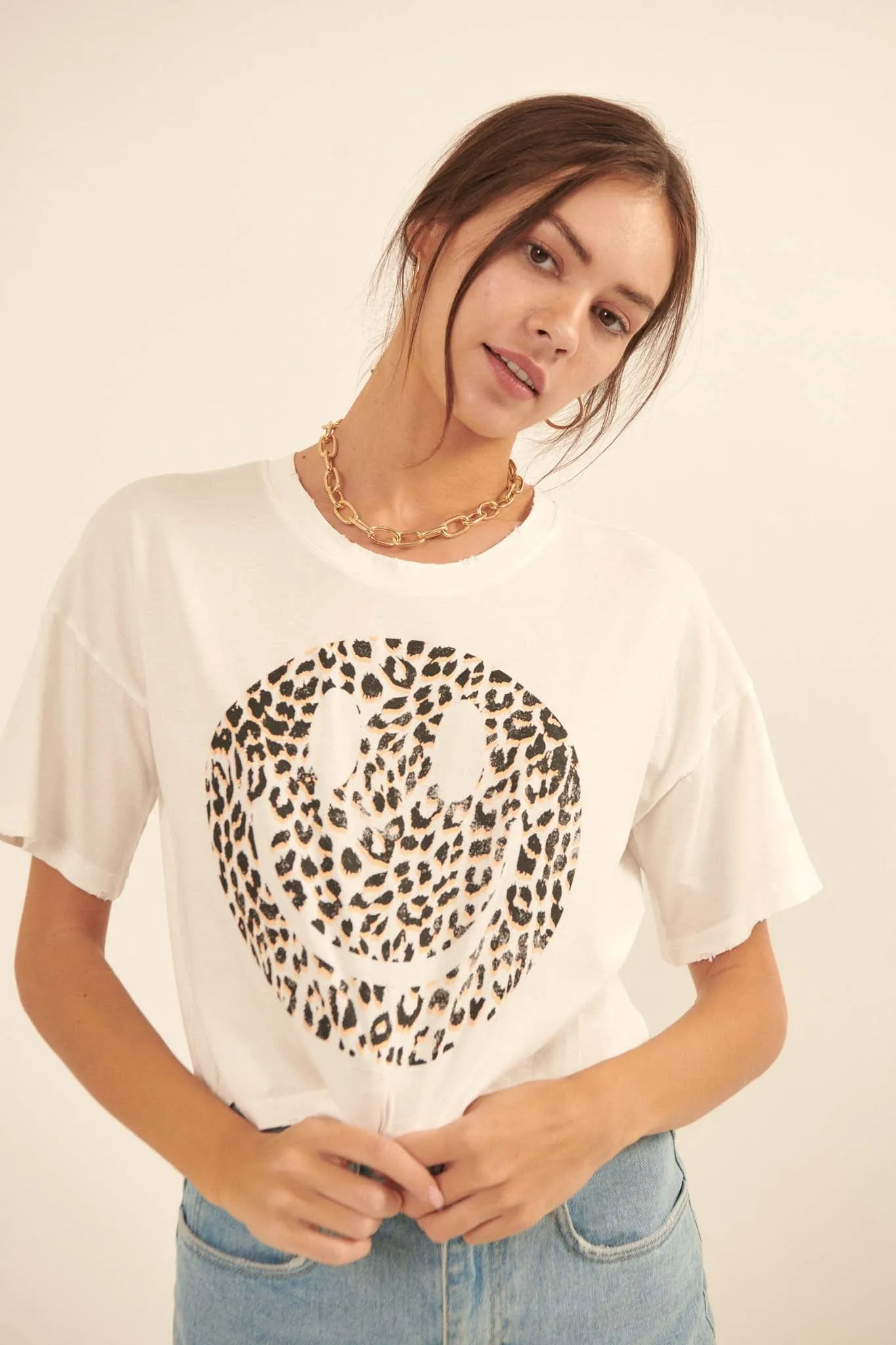 Fiercely Happy Leopard Smiley Face Graphic Tee