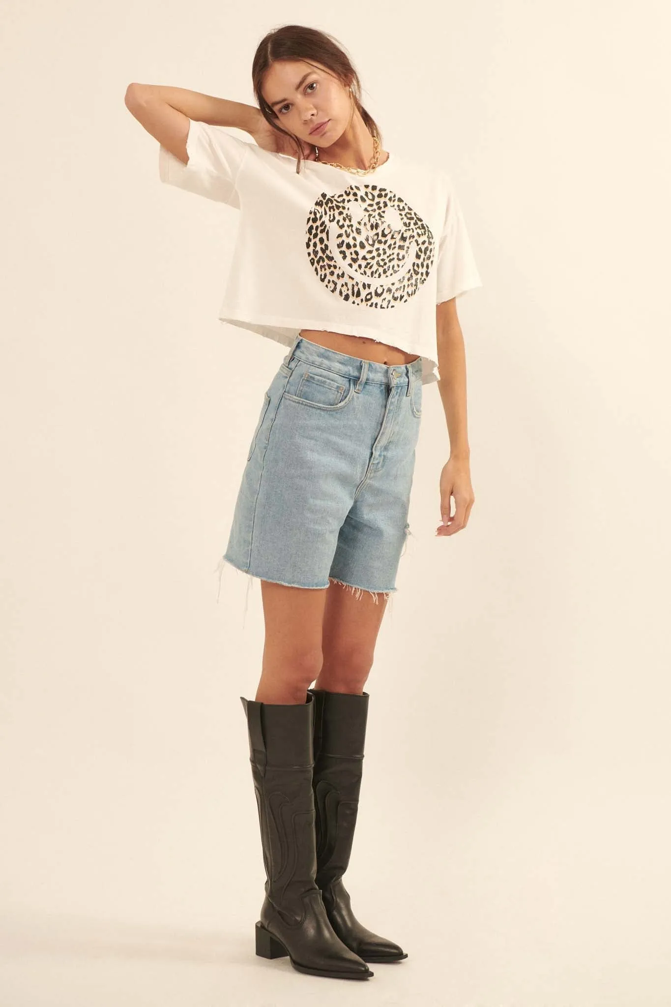Fiercely Happy Leopard Smiley Face Graphic Tee