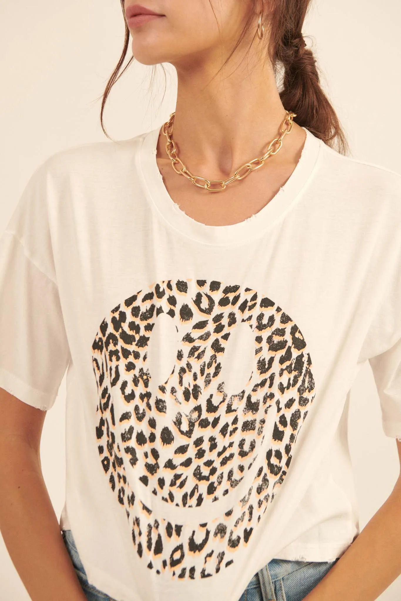 Fiercely Happy Leopard Smiley Face Graphic Tee