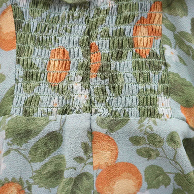French Style Ruffle Scoop Neck Smocked Sleeveless Fruit Print Mini Sundress
