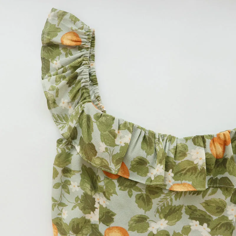 French Style Ruffle Scoop Neck Smocked Sleeveless Fruit Print Mini Sundress