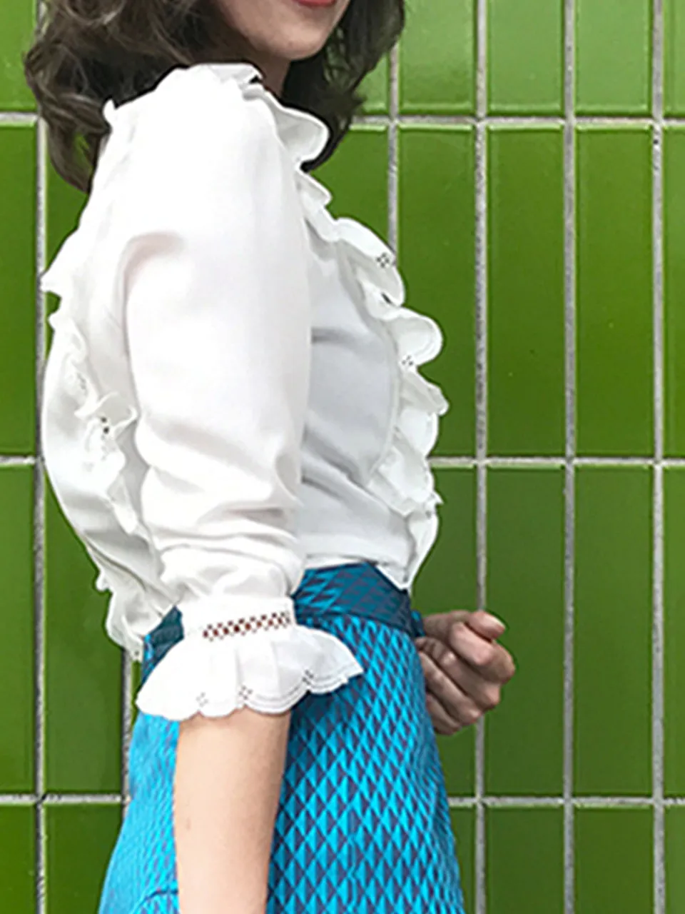 Further Sale! White Open-Work Slim Silhouette Ruffle Blouse