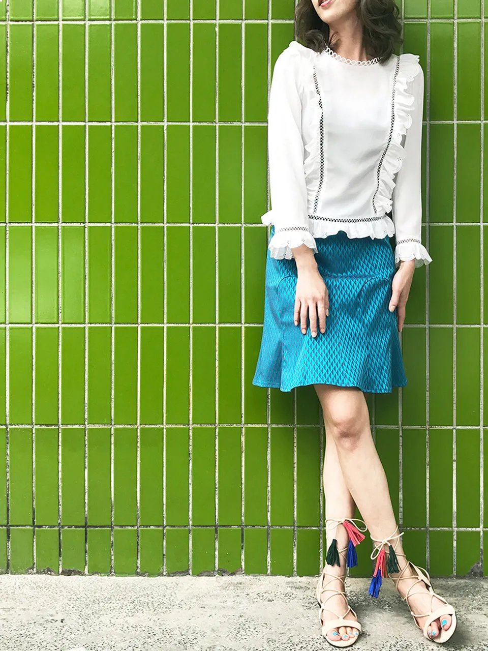 Further Sale! White Open-Work Slim Silhouette Ruffle Blouse