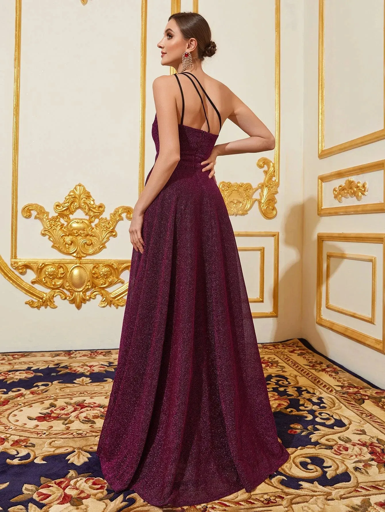 Glitter One Shoulder Sleeveless Slit Dresses