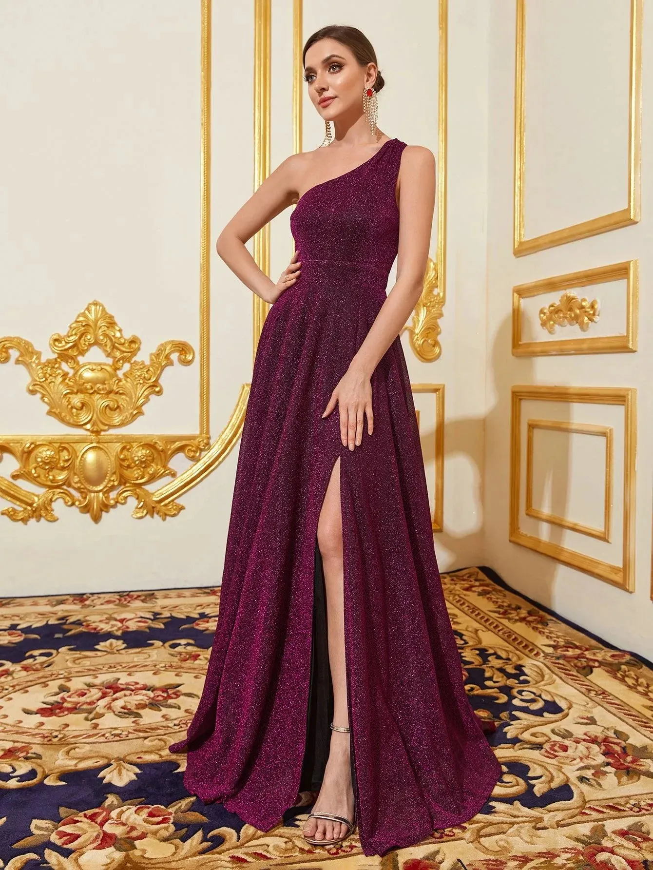 Glitter One Shoulder Sleeveless Slit Dresses