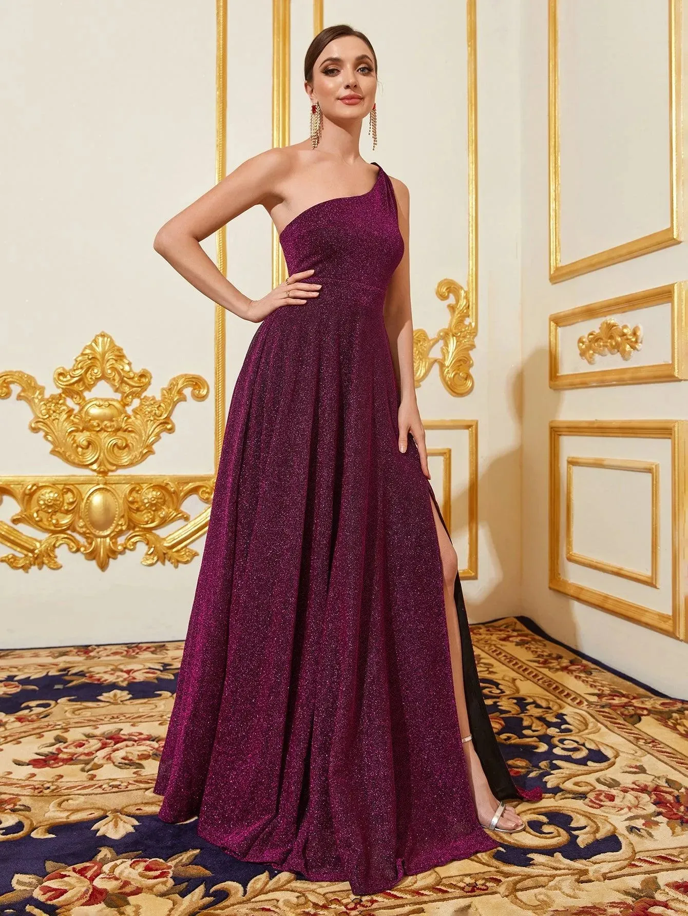 Glitter One Shoulder Sleeveless Slit Dresses