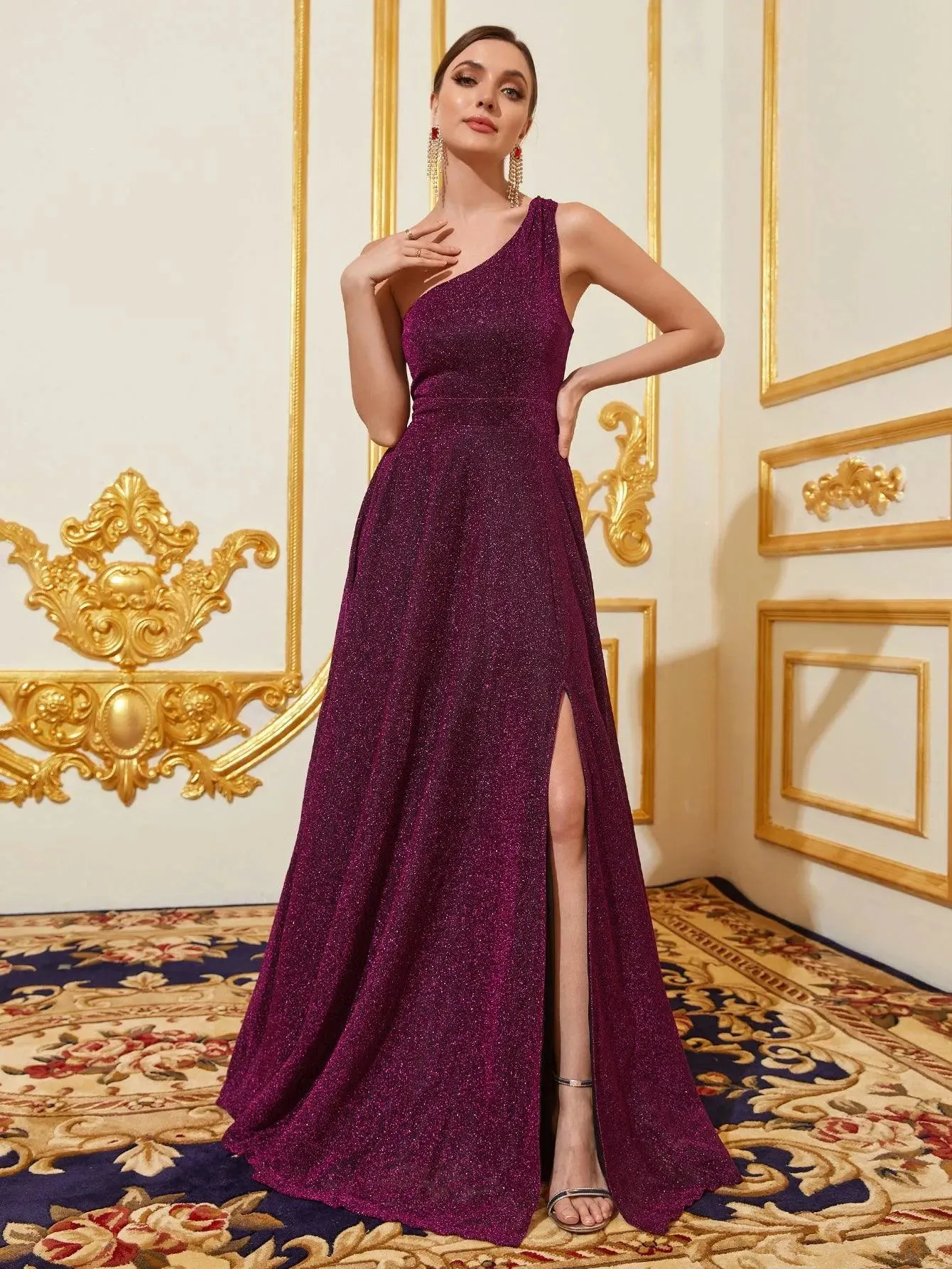 Glitter One Shoulder Sleeveless Slit Dresses