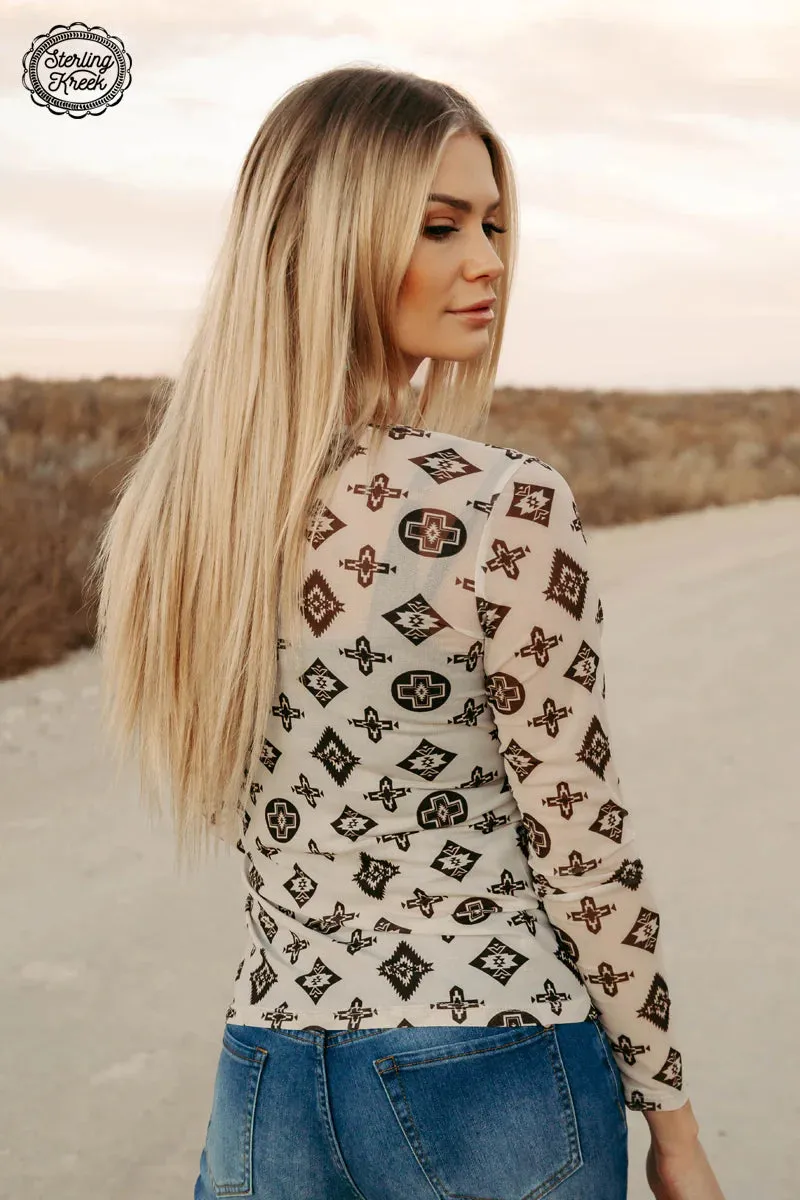 Hidden Hills Aztec Print Mesh Mock Neck Top