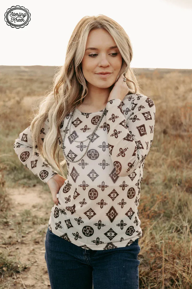 Hidden Hills Aztec Print Mesh Mock Neck Top