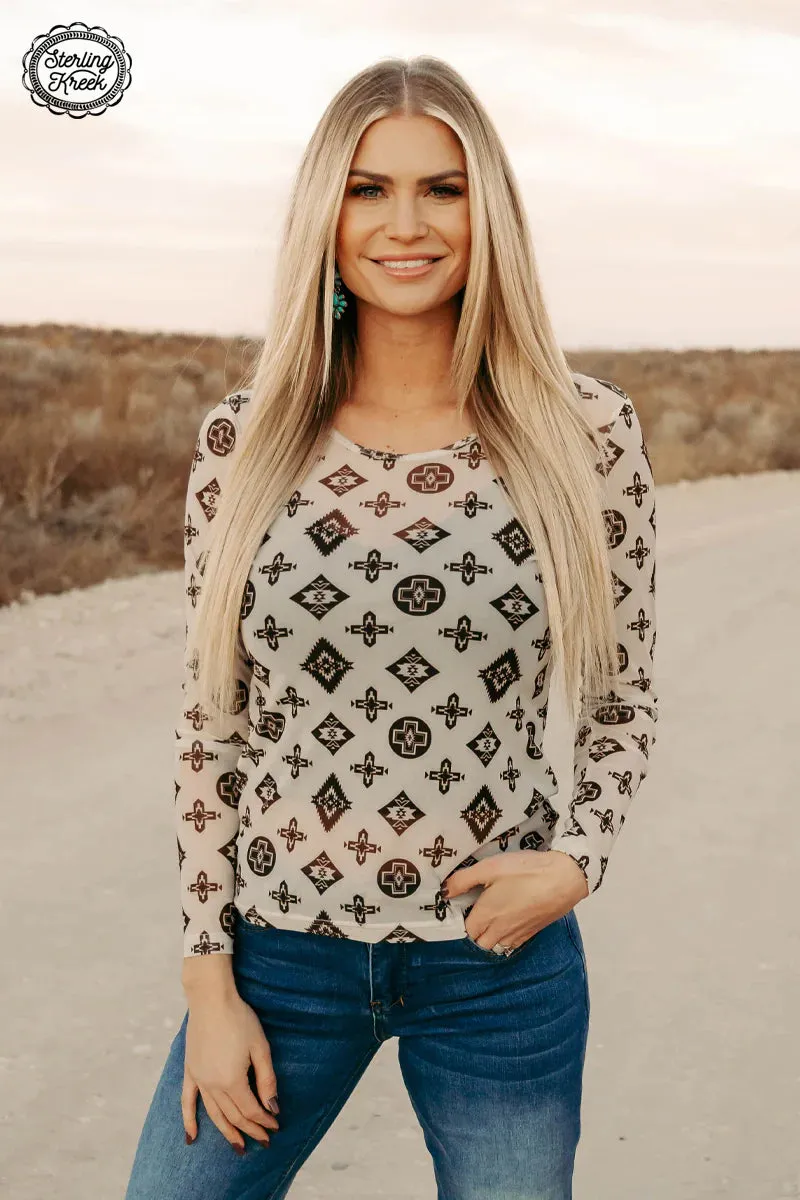 Hidden Hills Aztec Print Mesh Mock Neck Top