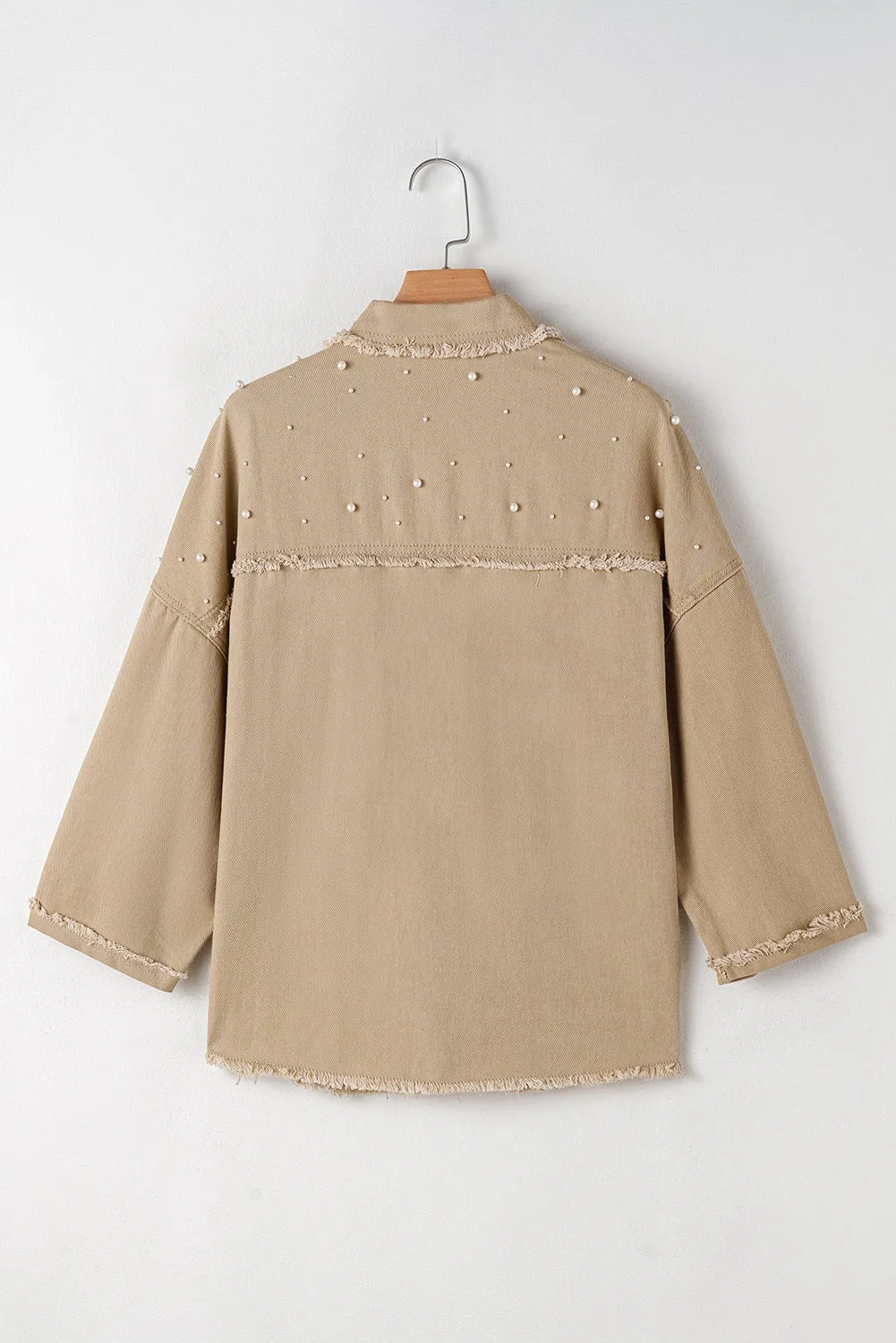 Khaki Pearl Beaded Raw Hem Button Up Denim Jacket
